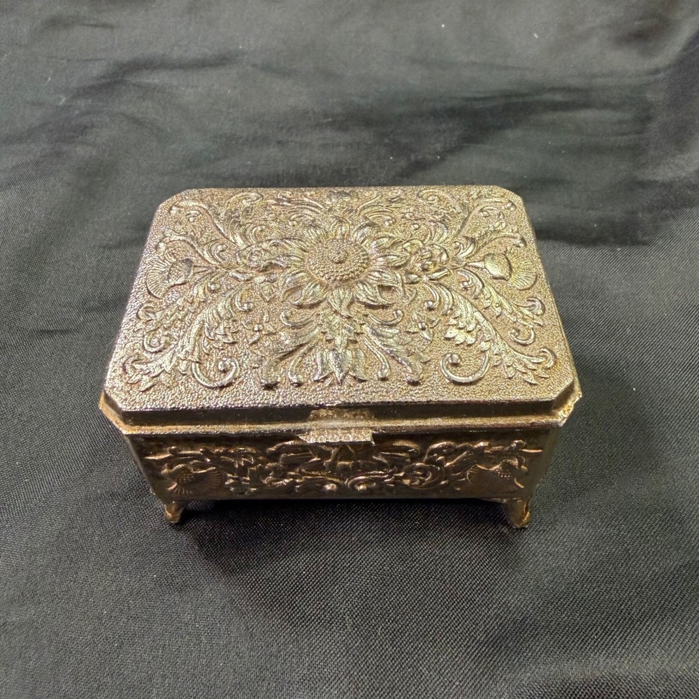 Vintage Japan Footed Jewelry Box Ornate Floral Embossed Gold Tone Trinket Box